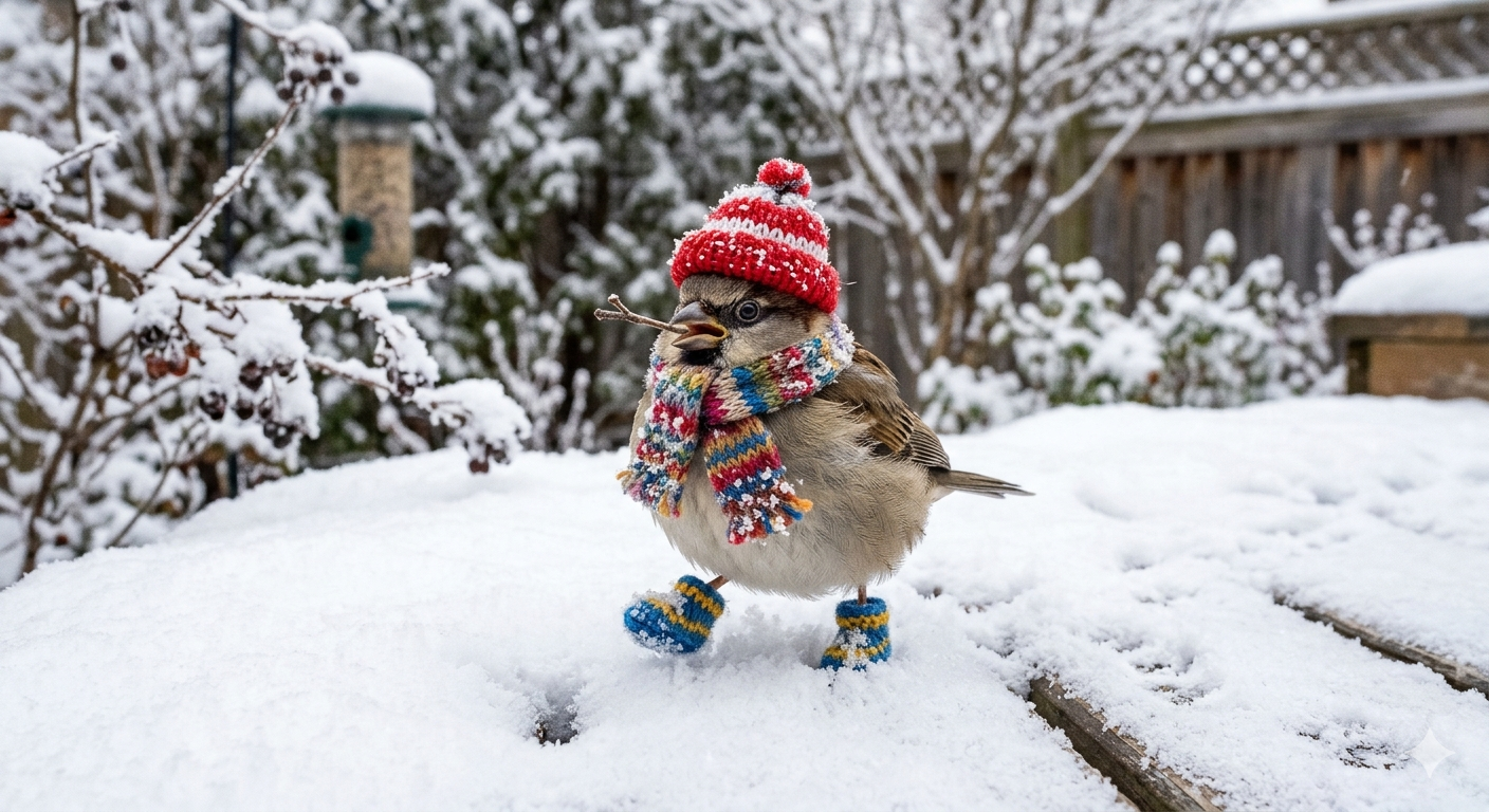 A bundled-up snowbird in a red winter hat and scarf